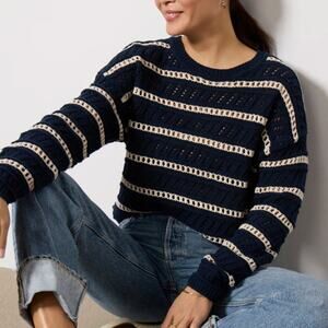 Z Supply Estero Cotton Crochet Knit Striped Long Sleeve Sweater Blue S